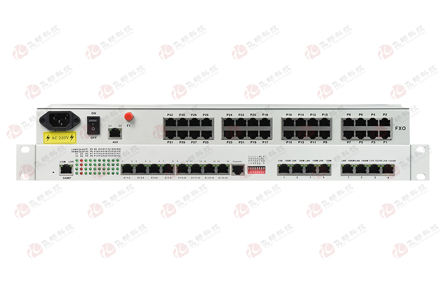 飛暢科技-32路電話+16E1+4FE+4GE+2路數(shù)據(jù)+SNMP+console（19英寸，物理隔離）電話光端機